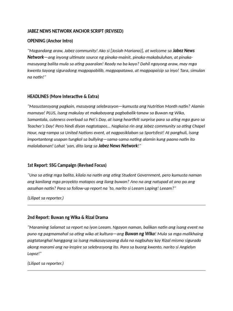 Jabez News Network Anchor Script | PDF