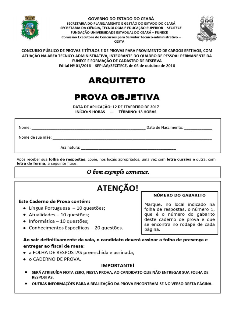 Prova Objetiva - Concurso FUNECE 2017 | PDF