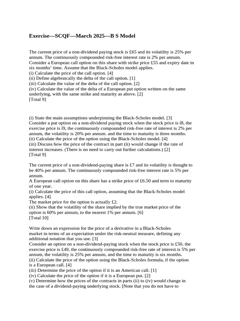 Exercise - SCQF - BS Model - March 25 | PDF | Black–Scholes Model ...