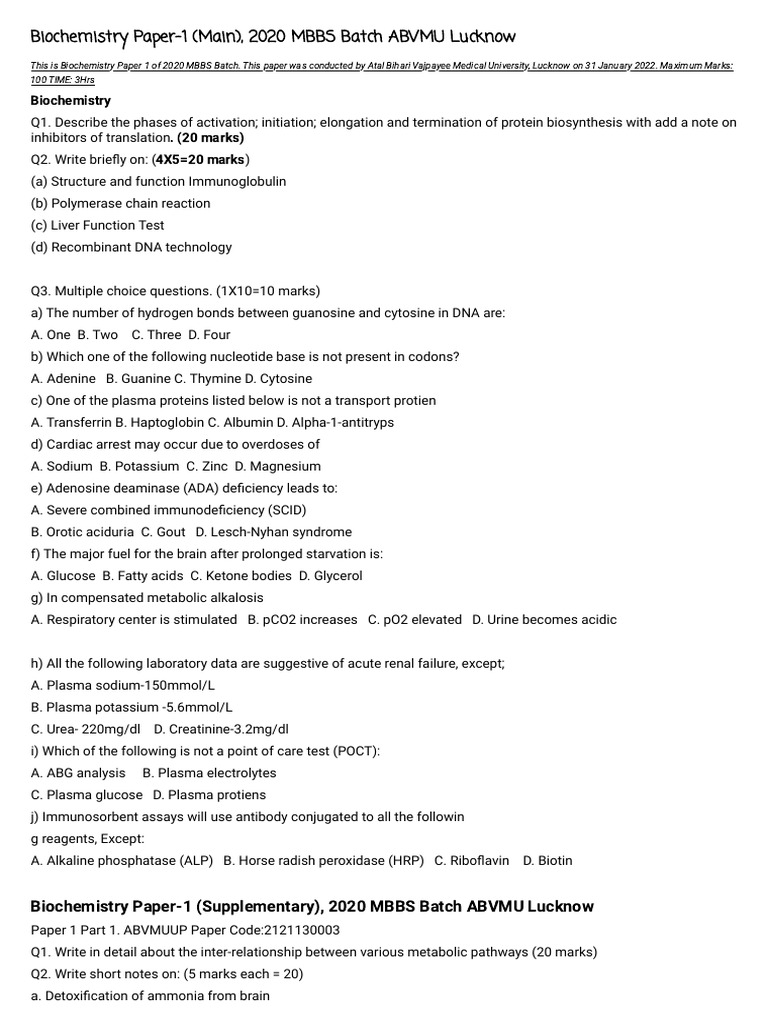 Pyq Biochemistry 2020 Abvmu | PDF | Biochemistry | Chemistry