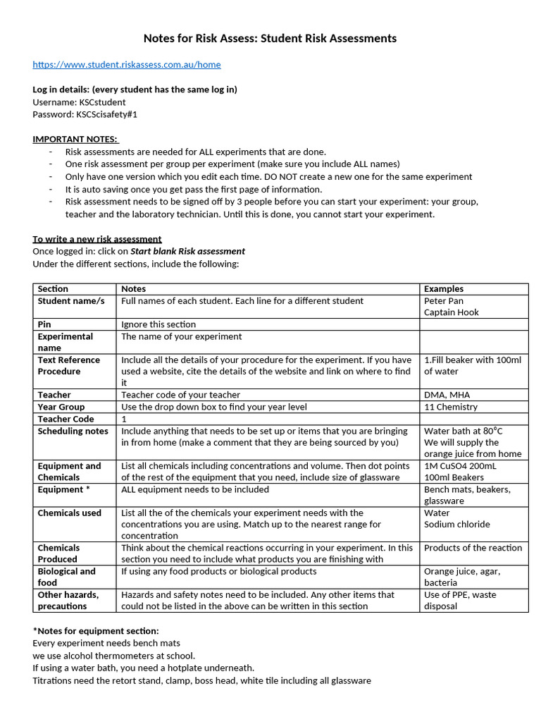 Notes For Risk Assess Student Risk Assess | PDF