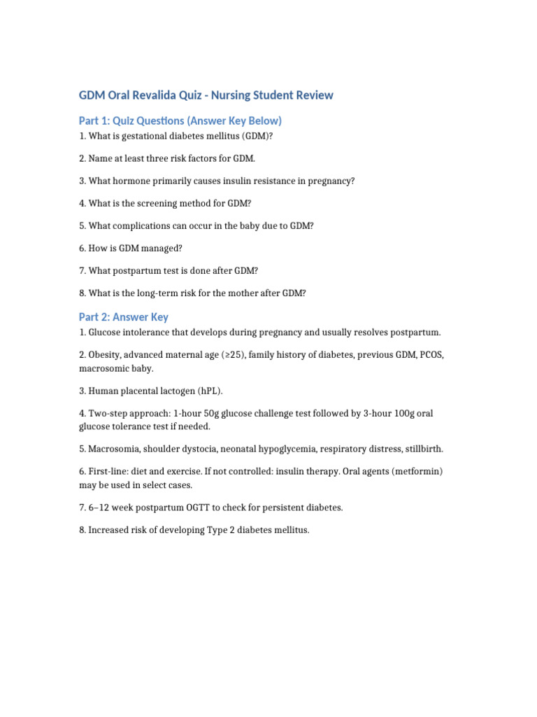 GDM Oral Revalida Quiz for Nursing Students | PDF
