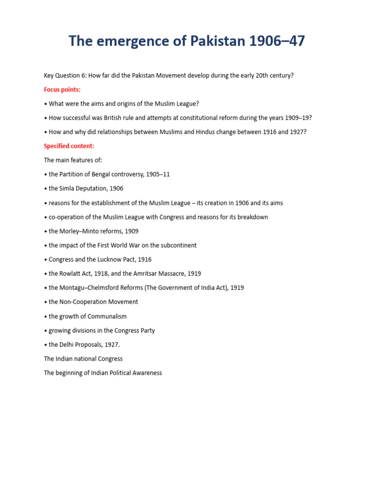 Pakistan Movement Development 1906-1947 | PDF | All India Muslim League ...