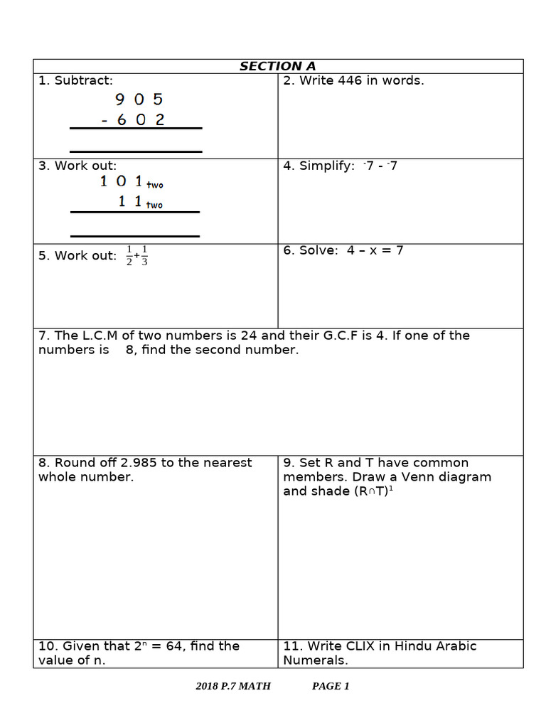 P.7 Math 2018 6 Exam - Teacher - Ac | PDF | Mathematics | Arithmetic