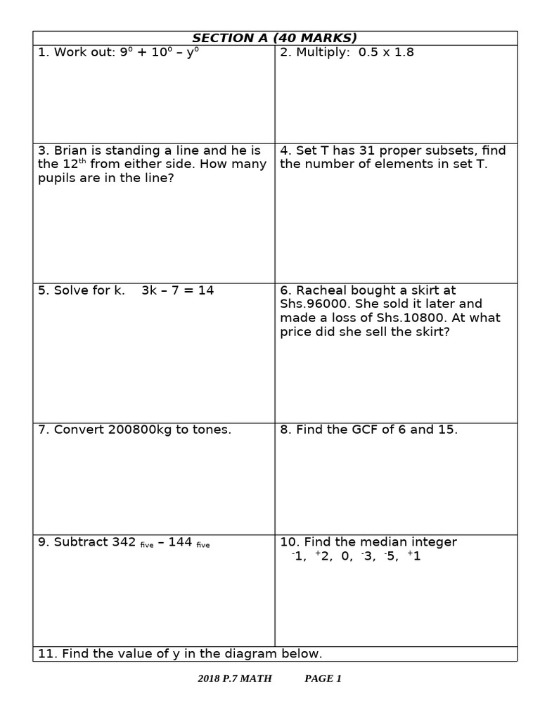 P.7 Math 2018 Exam - Teacher - Ac | PDF | Arithmetic | Elementary ...