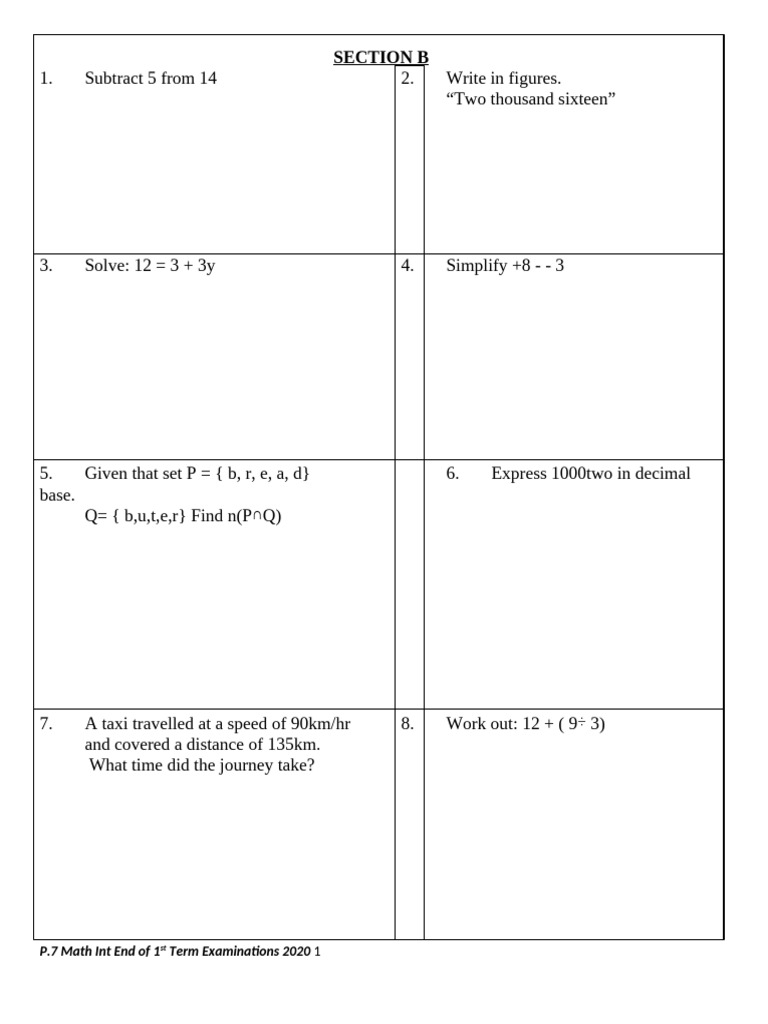 P.7 Math Int End 1 EXAM - TEACHER - AC | PDF | Mathematics | Arithmetic