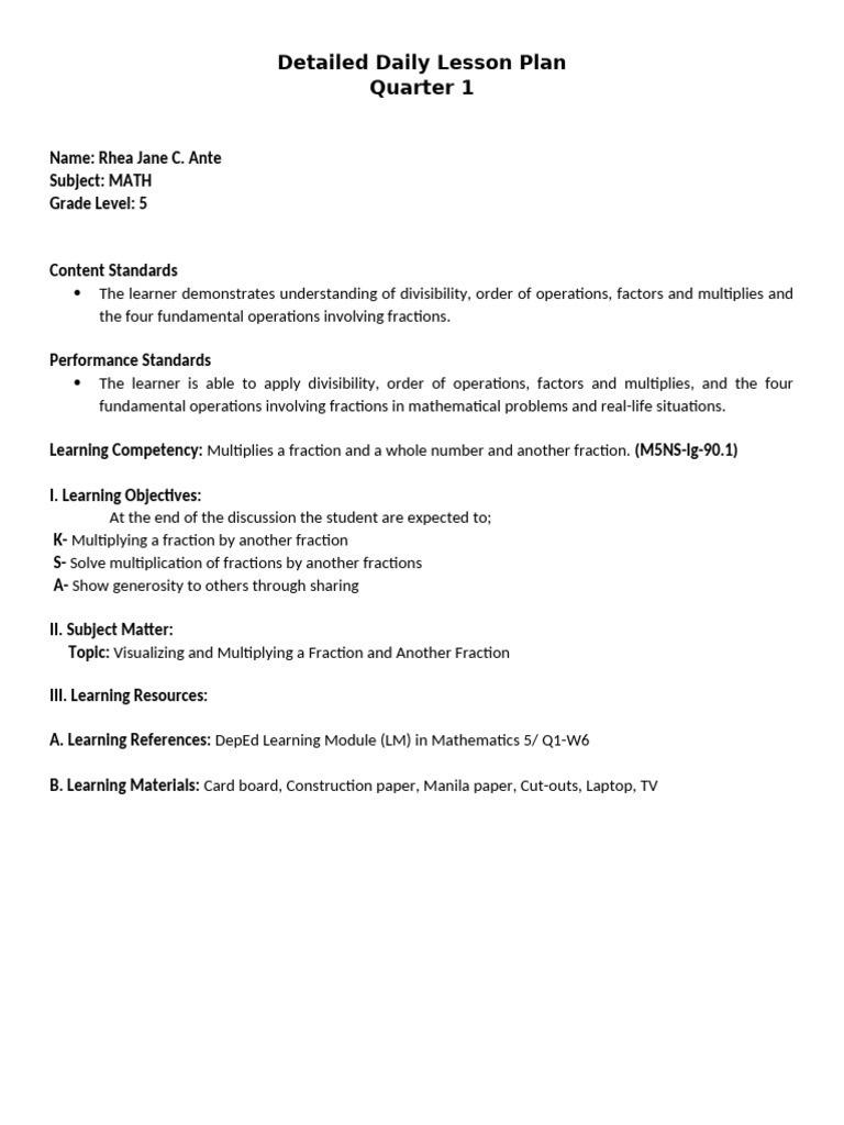 Detailed Lesson Plan in Math 5 | PDF | Multiplication | Arithmetic