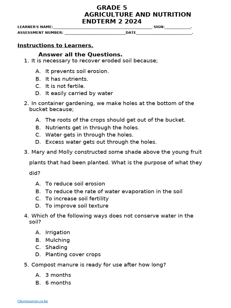 Grade 5 Agriculture and Nutrition Quiz | PDF | Soil | Manure