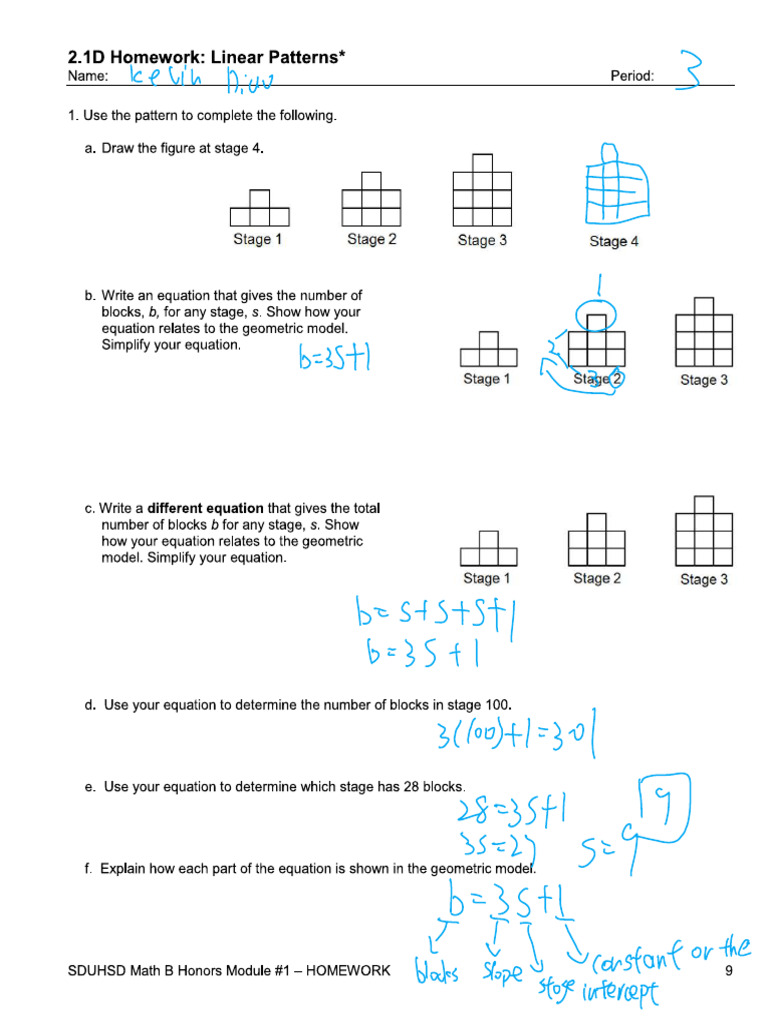 Linear Patterns Homework Assignment | PDF | Equations | Mathematics