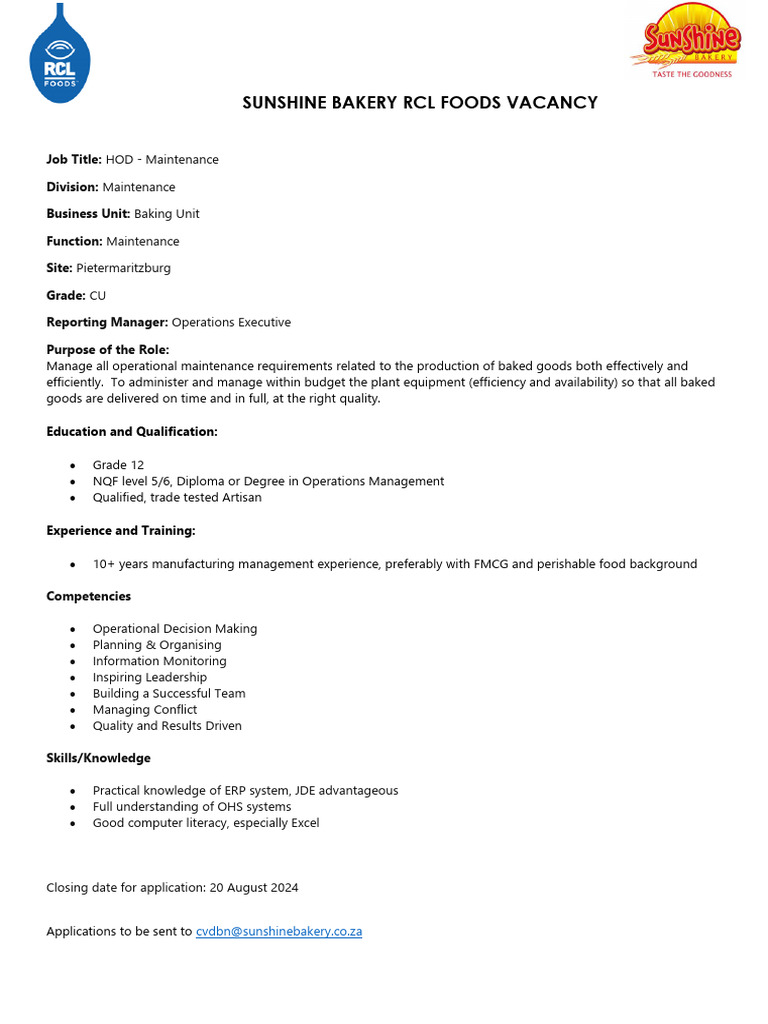 Advert - HOD - Maintenance | PDF