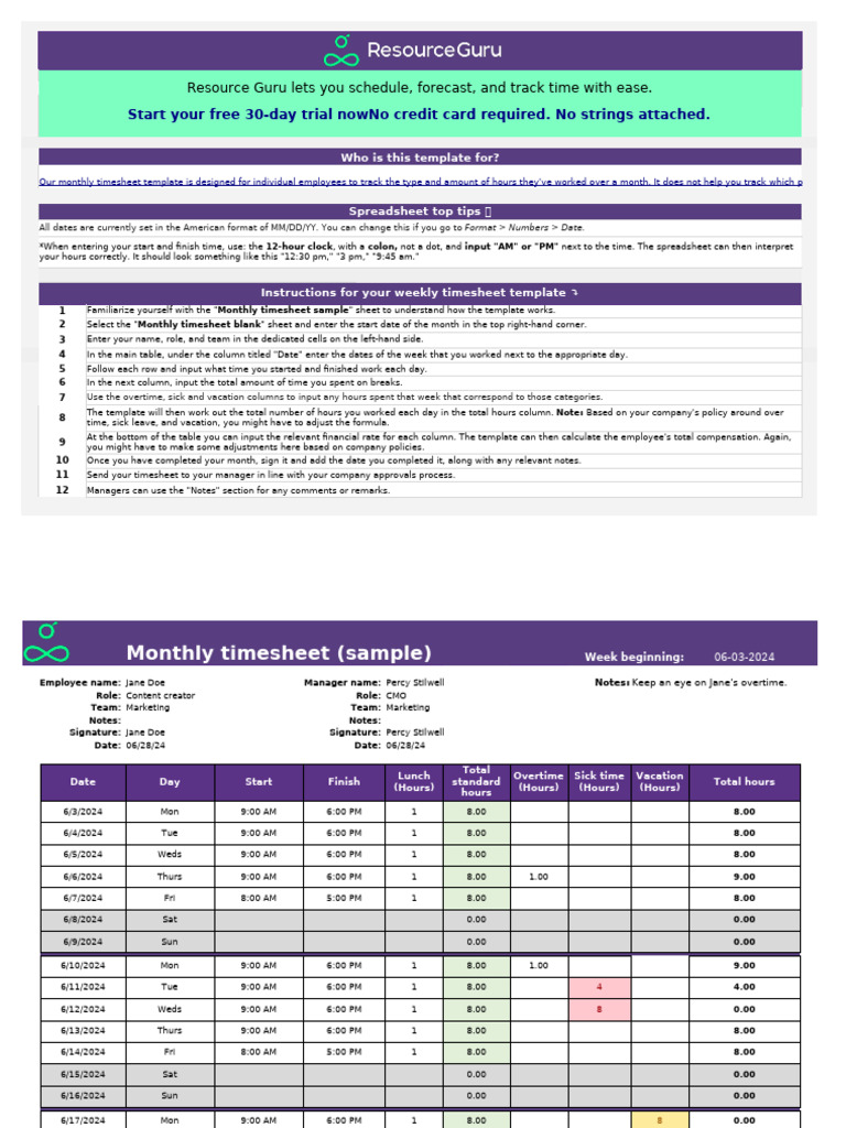 Monthly Timesheet Template - Excel - Resource Guru | PDF | Spreadsheet