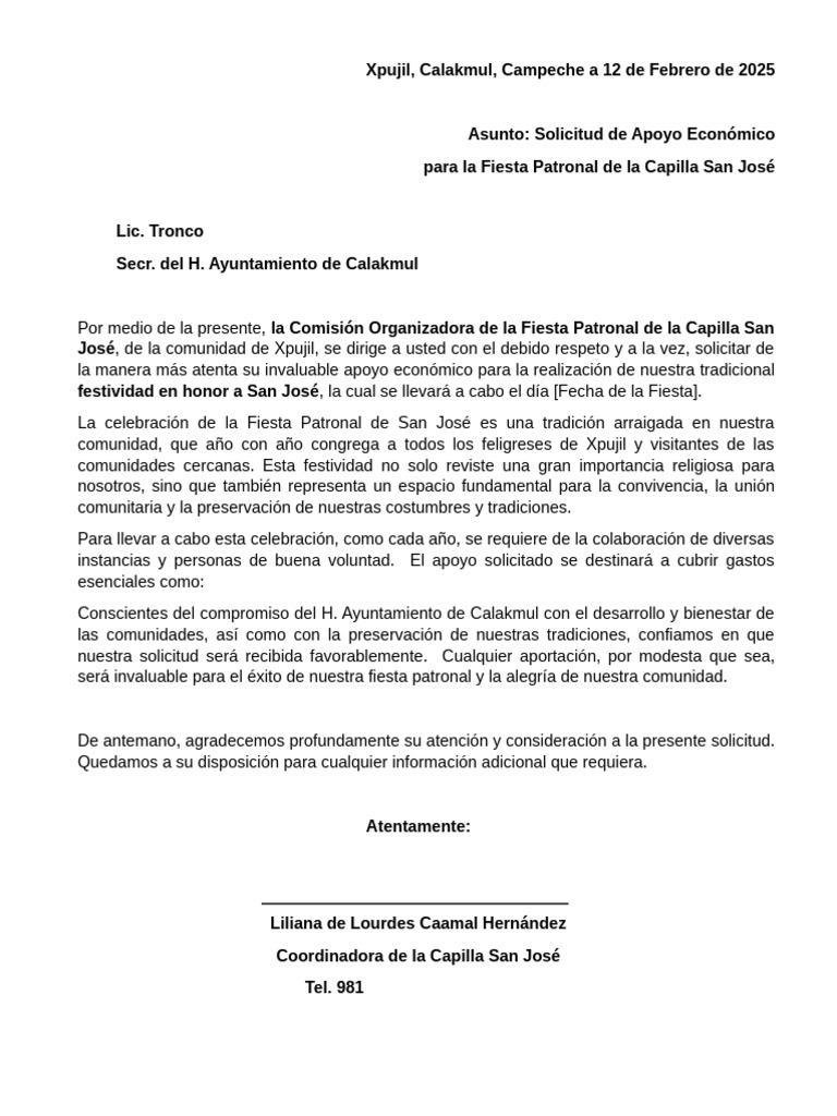 Solicitud de Apoyo para Fiesta Patronal | PDF