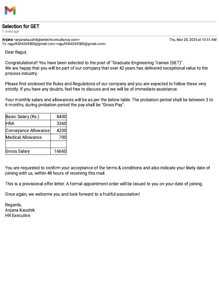Graduate Engineering Trainee Offer Letter | PDF
