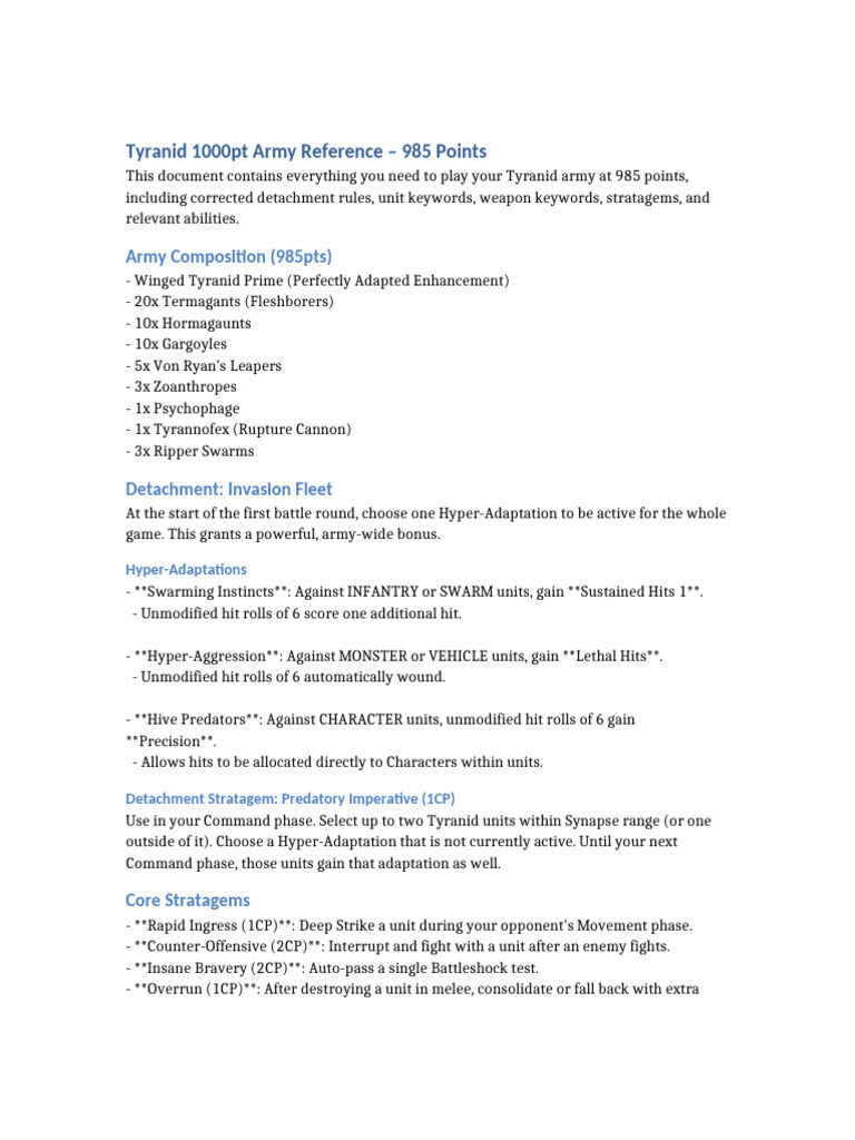 Tyranid 985pt Army Reference UPDATED | PDF | Military | Warfare
