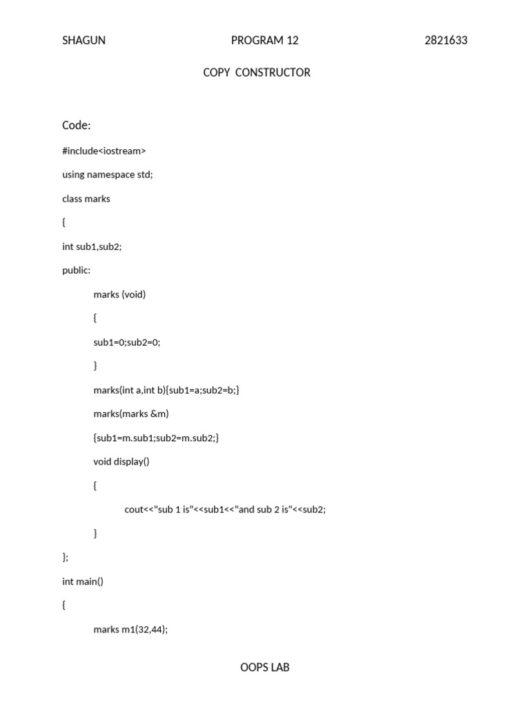 C++ Copy Constructor Example Code | PDF