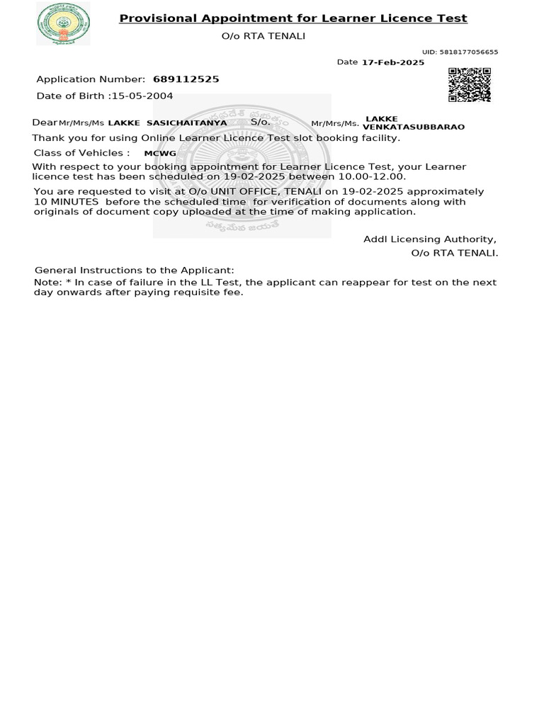 Provisional Appointment For Learner Licence Test | PDF