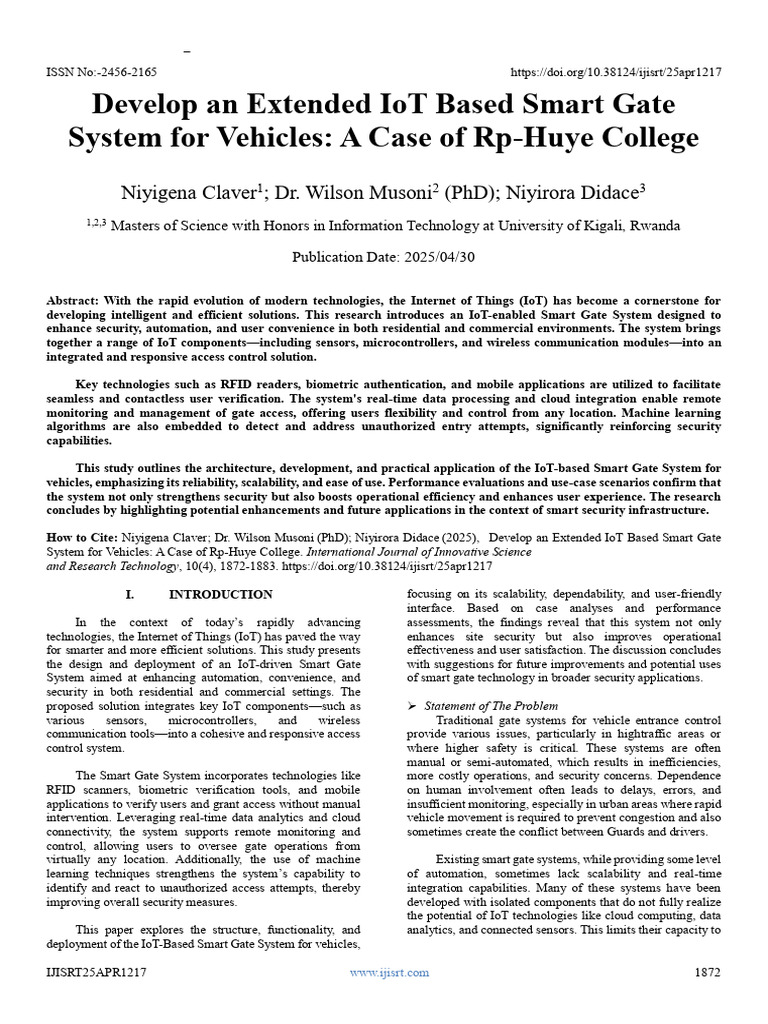 Develop an Extended IoT Based Smart Gate System for Vehicles: A Case of ...
