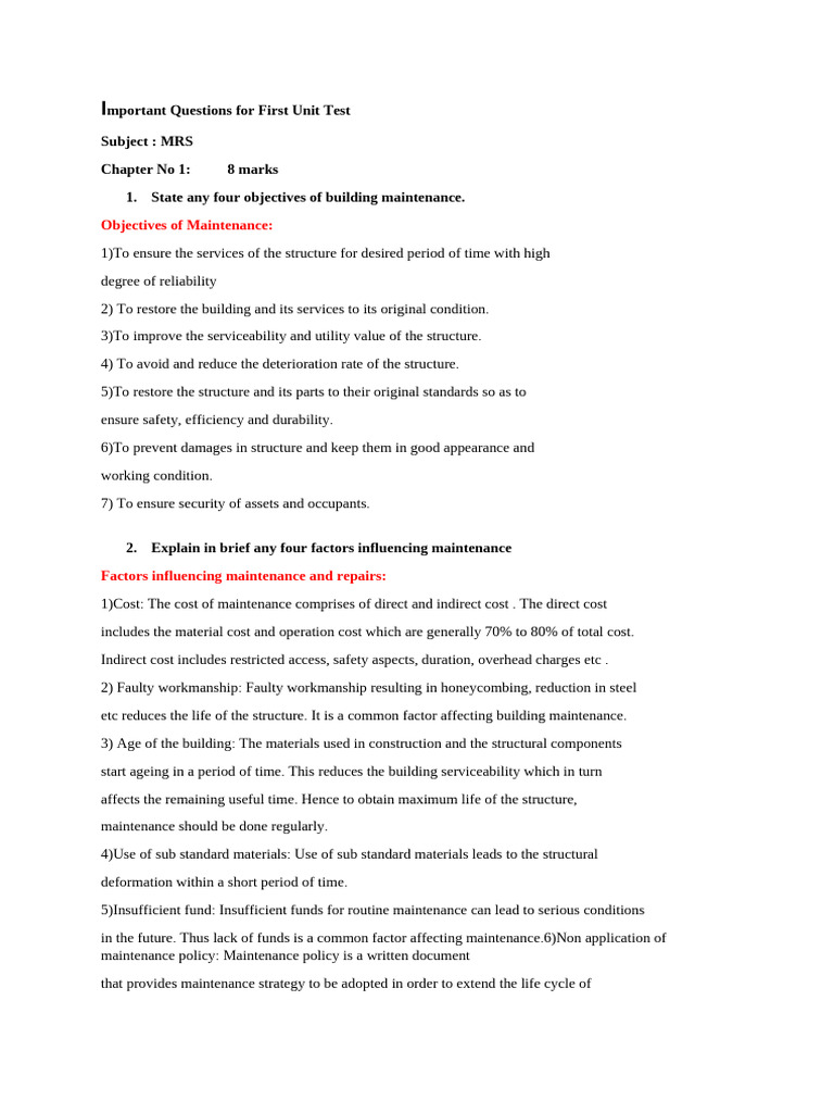 Important Questions For First Unit Test | PDF | Corrosion | Concrete