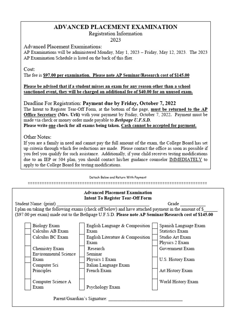 2023 AP Exam Registration Details | PDF | Educational Stages | Advanced ...