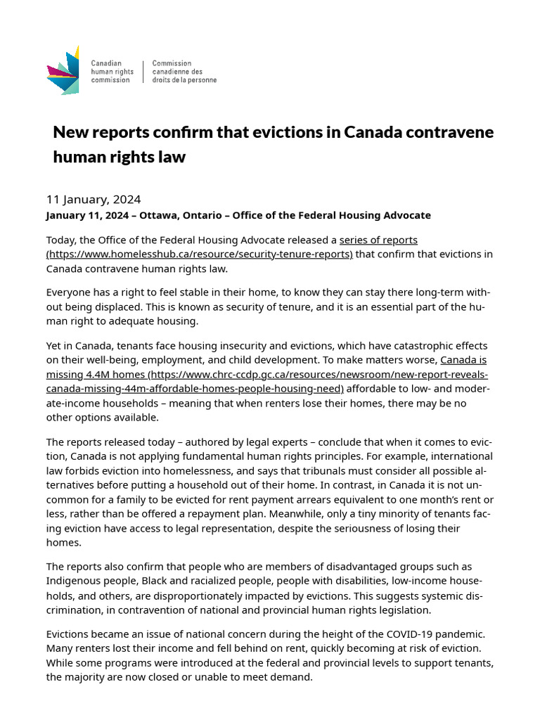 Canada Evictions Violate Human Rights | PDF | Eviction | Right To Housing