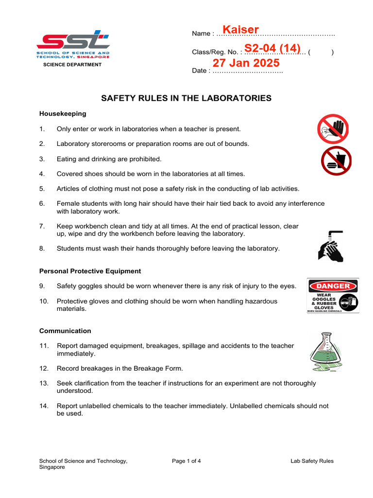 02 Lab Safety Rules (2025) Kaiser Low | PDF | Laboratories | Safety