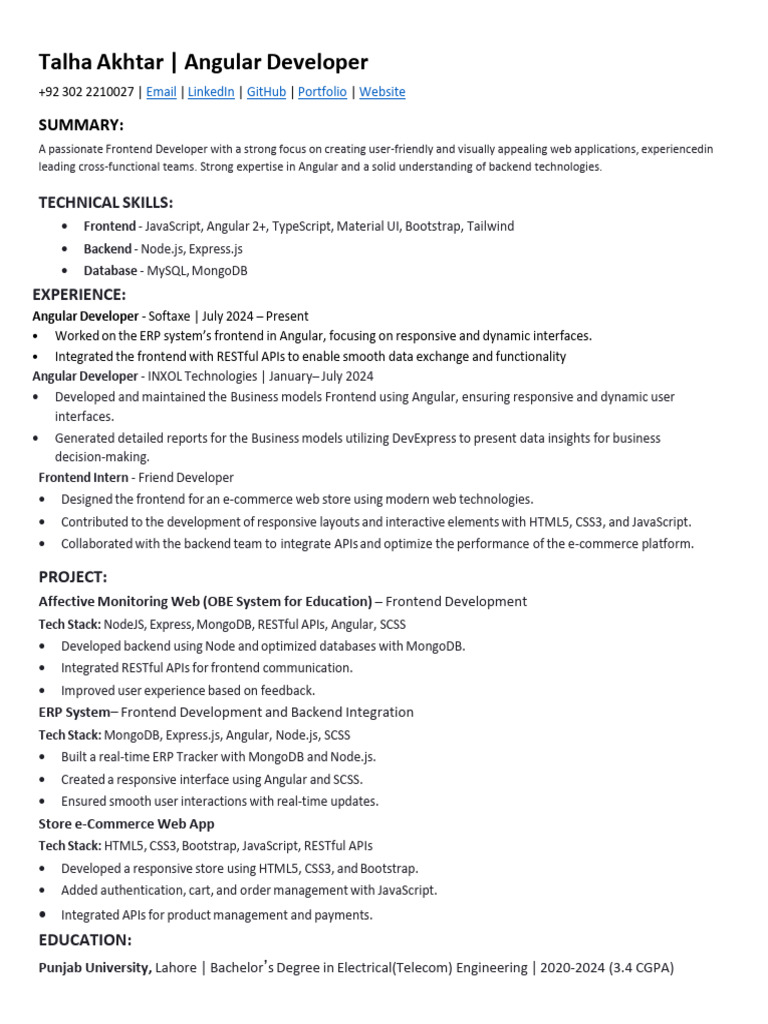 Talha Akhtar: Angular Developer Profile | PDF