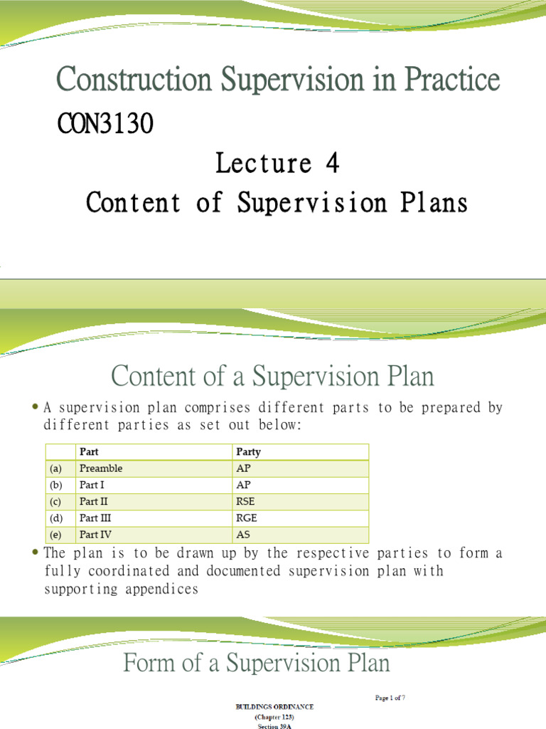 Lecture 4 Content of Supervision Plans | PDF | Civil Engineering