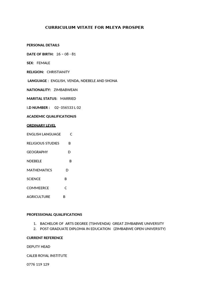 Curriculum Vitae of Mleya Prosper | PDF