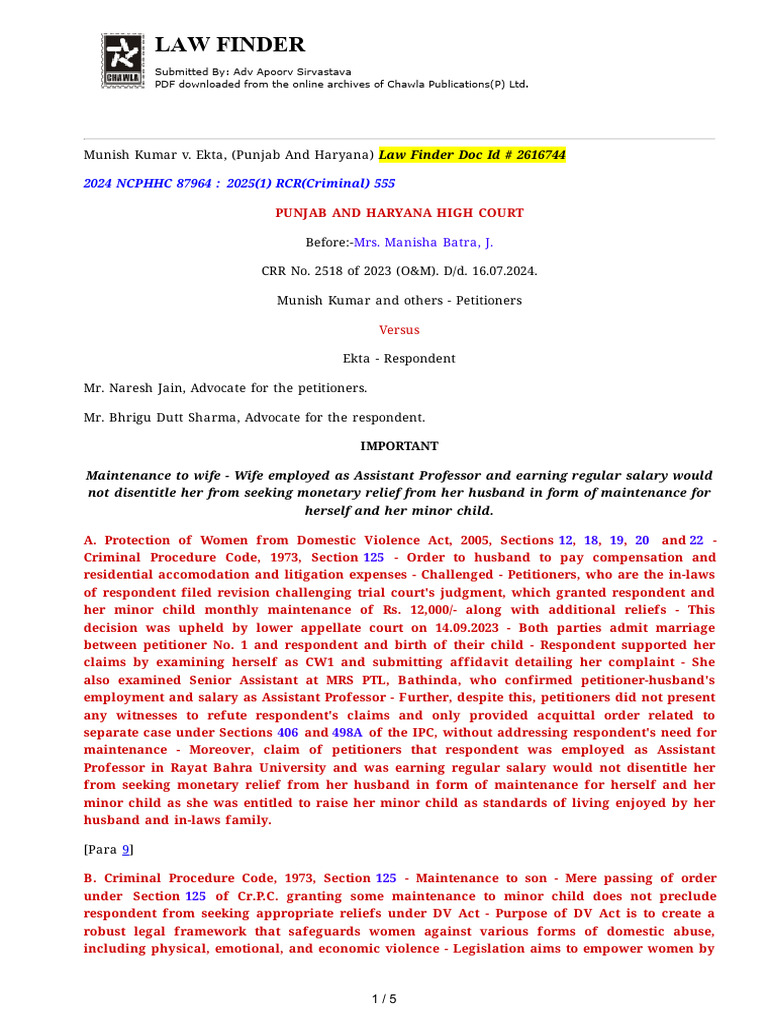 Maintenance Ruling by Justice Manisha Batra | PDF | Judgment (Law ...