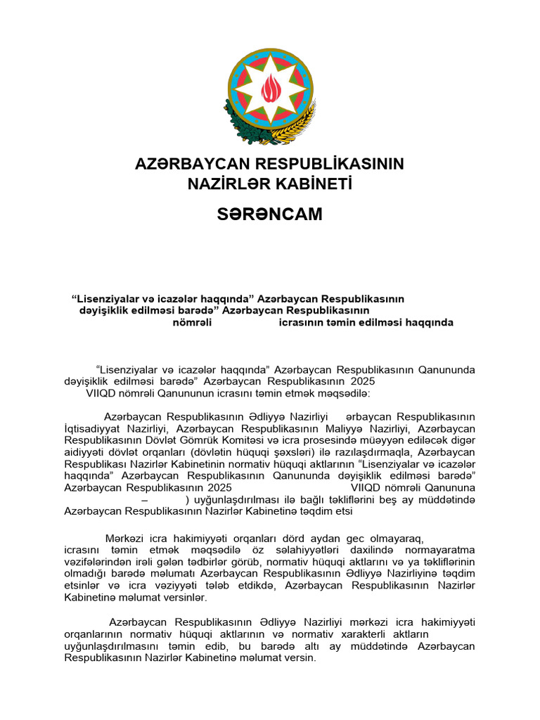 Sərəncam: Azərbaycan Respublikasinin Nazirlər Kabineti | PDF