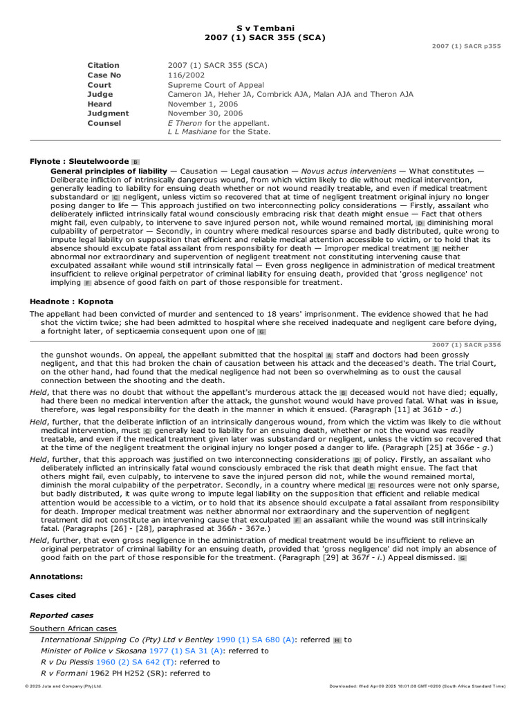 S v Tembani: Causation in Murder Cases | PDF | Causation (Law) | Negligence
