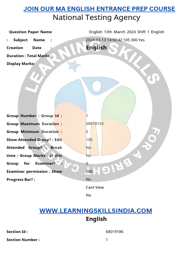 13th March 2024 Laqp01 Ma English Entrance Cuet PG Question Paper | PDF ...