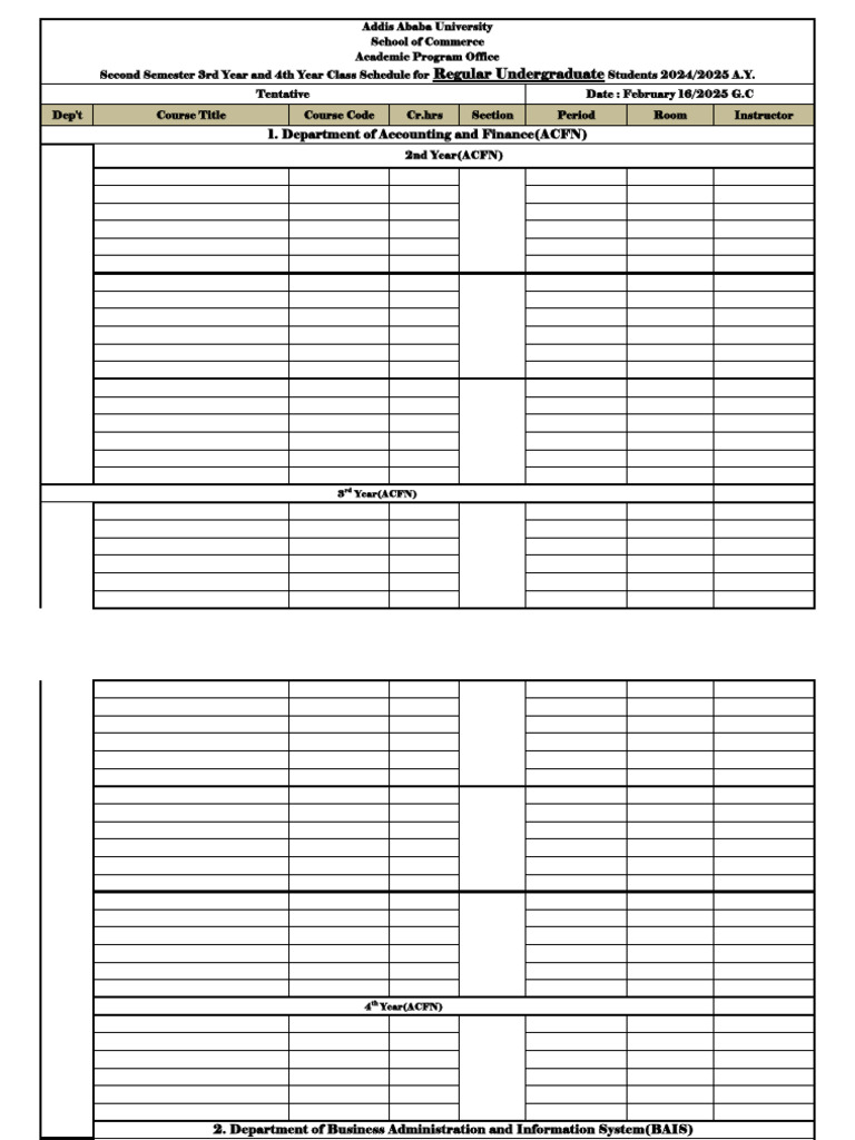 2nd Year And Above Second Semester Class Schedule For Regular