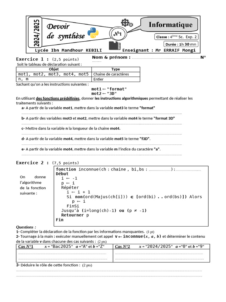 Exercices d'algorithmique et de programmation | PDF | Programmation ...