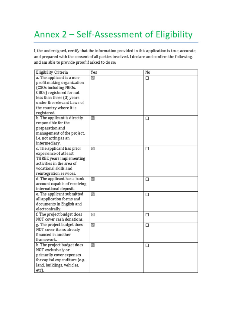 Annex 2 Self Assessment EWSSO | PDF