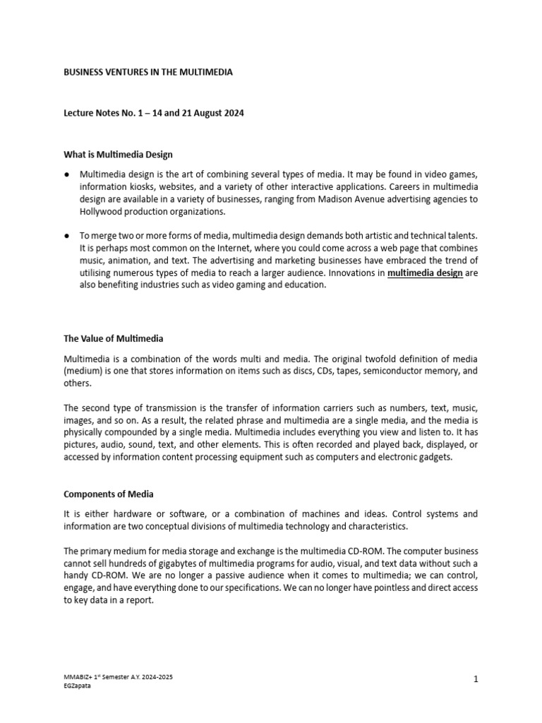 Lecture Notes No. 1 - 14 and 21 August 2024 | PDF | Multimedia ...