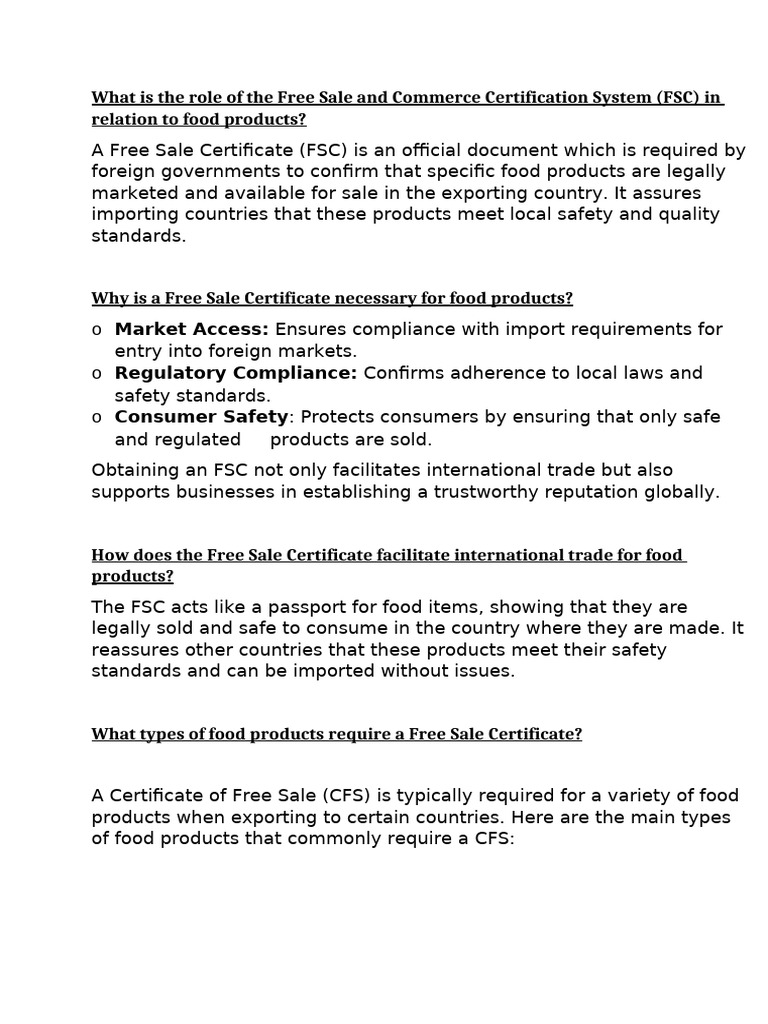 What is Free Sale and Commerce Certification System for Food | PDF ...