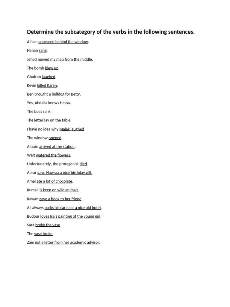 Verb Subcategories in Sample Sentences | PDF