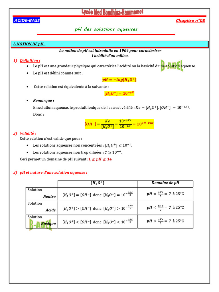 pH des solutions aqueuses acides et basiques | PDF | Ph | Acide