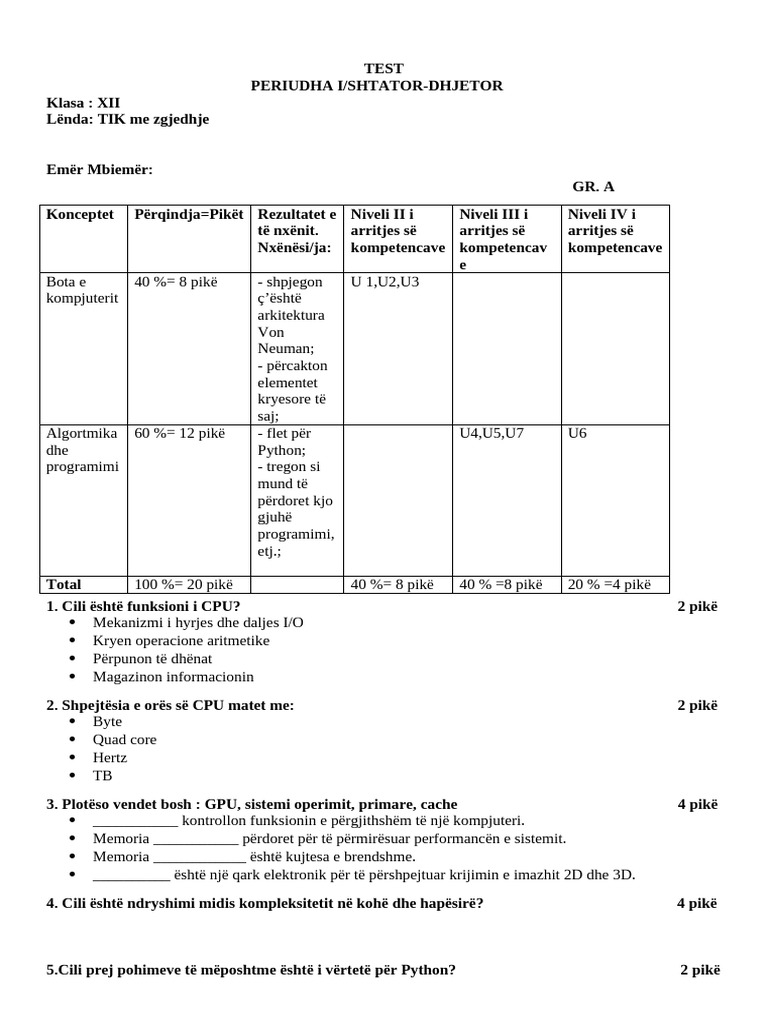 TIK 12 Me Zgjedhje - Teste Me Blueprint | PDF