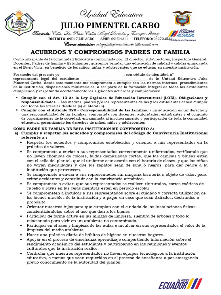 Acuerdos y Compromisos Padres de Familia - Bachillerato | PDF ...