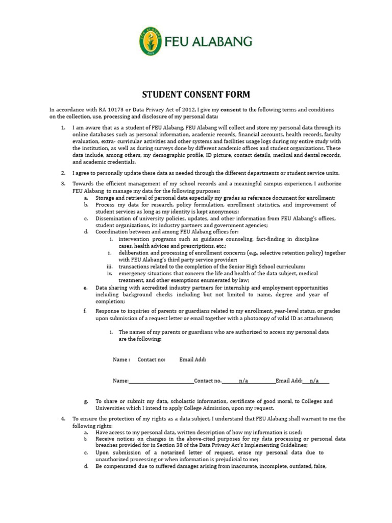 FEU Alabang Data Privacy Consent Form | PDF | Data