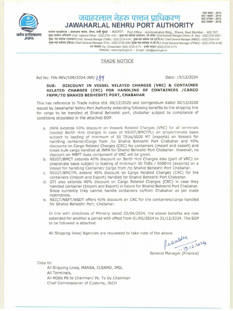 Trade Notice For Discount On CRC VRC On Vessel Coming From Chabahar ...