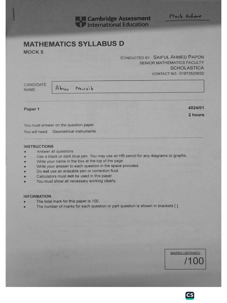 Maths D p1 Mock5 Ms | PDF
