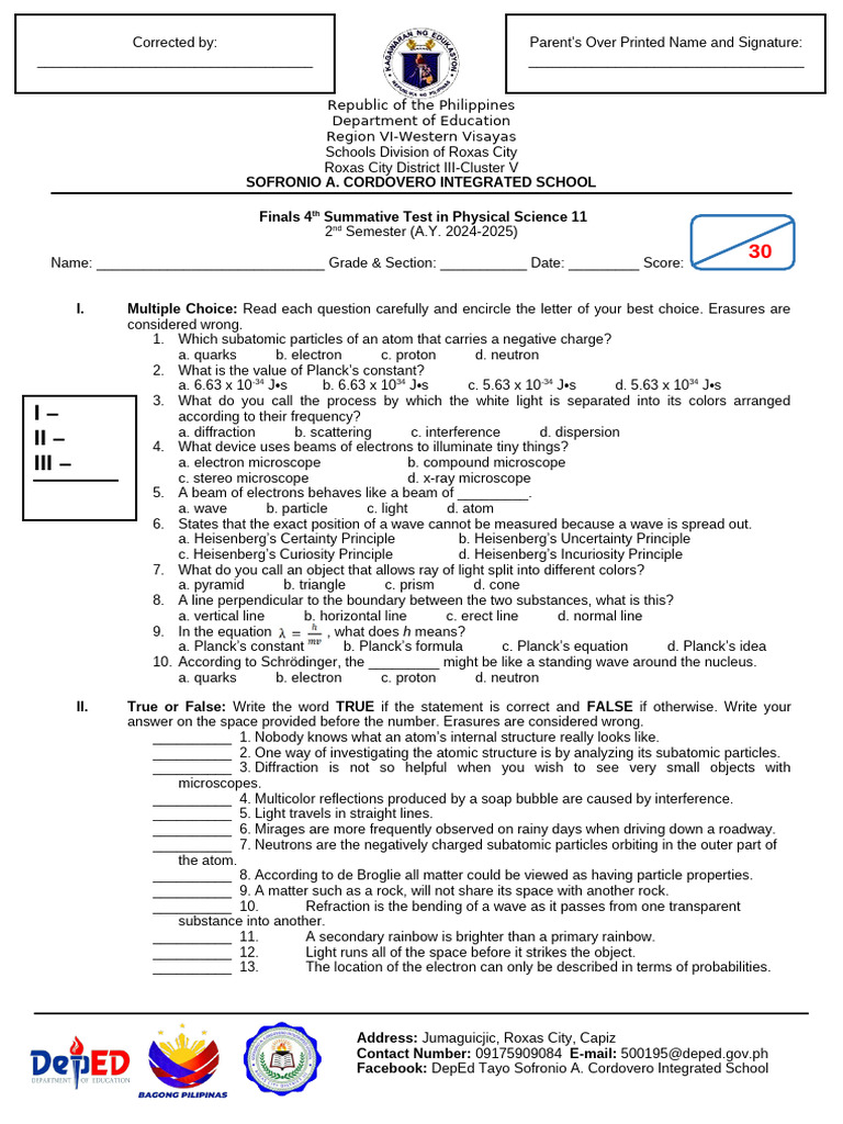 4th Quarter 4th Summative Test in Physical Science 11 | PDF | Electron ...