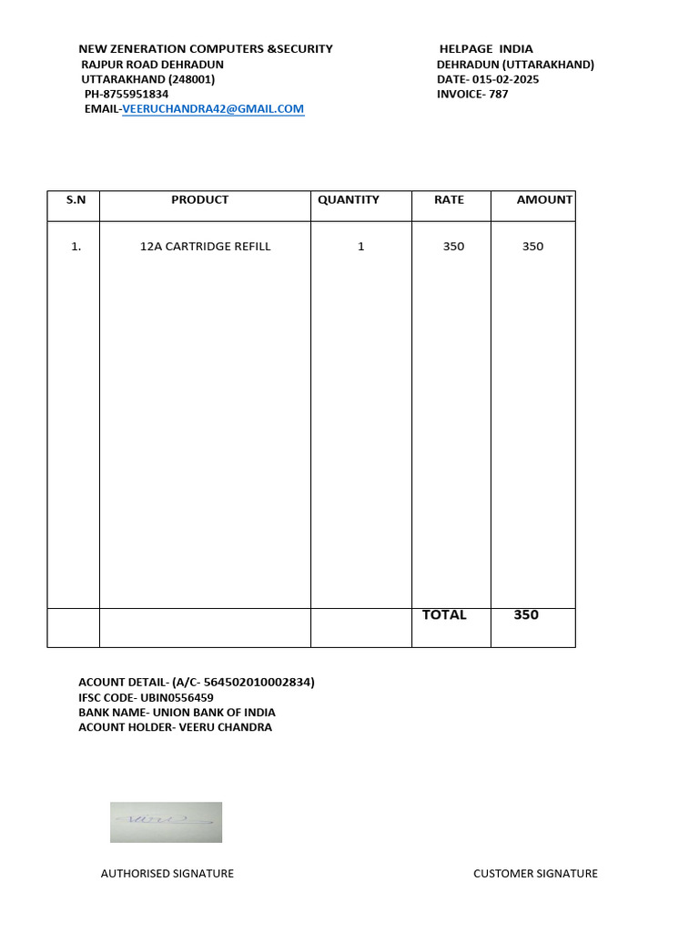 Cartridge Refilling Invoice Format | PDF
