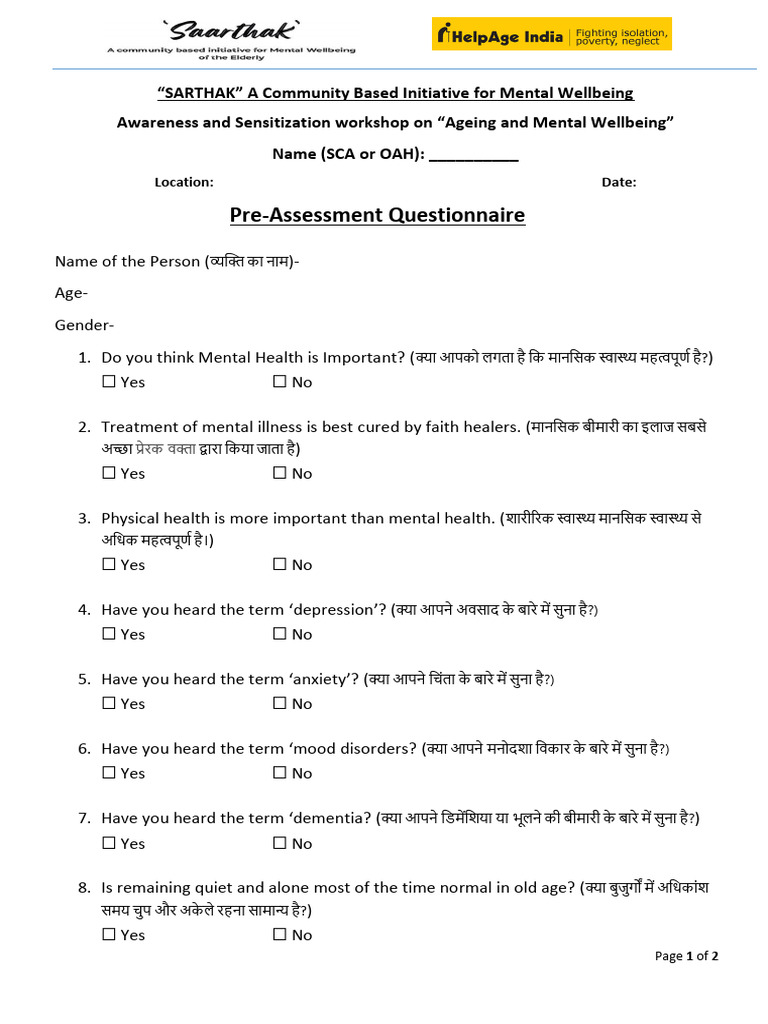 Pre-Assessment Questionnaire - Saarthak, SCA's & Senior Citizens | PDF