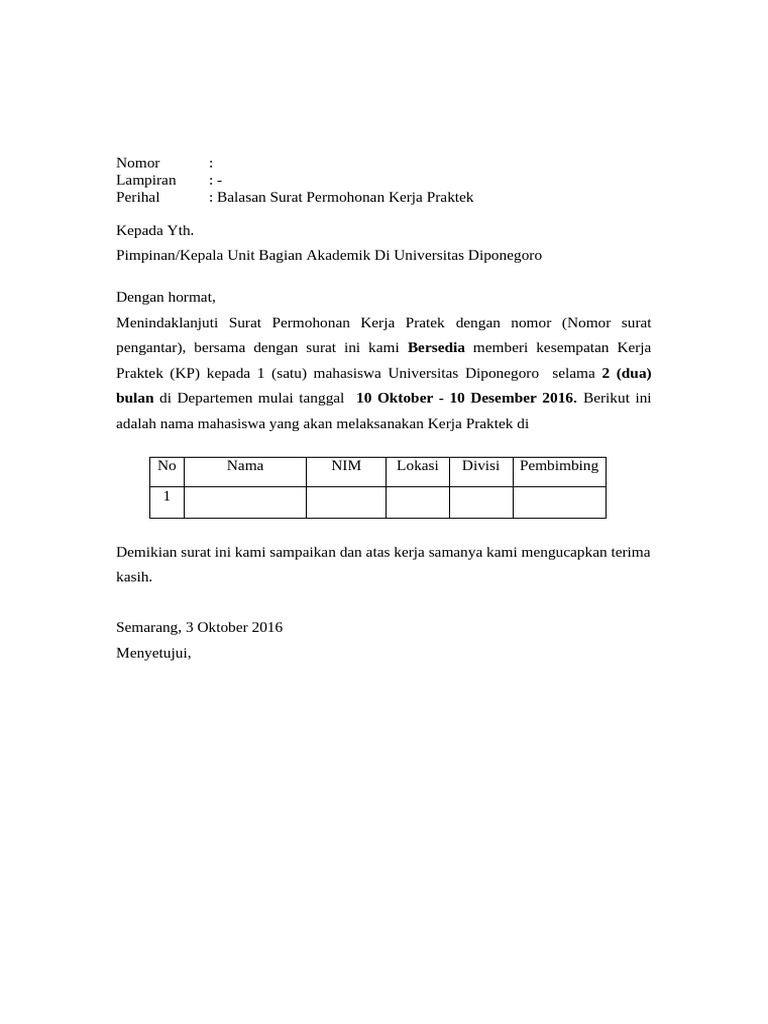 Balasan Kesempatan Kerja Praktek | PDF