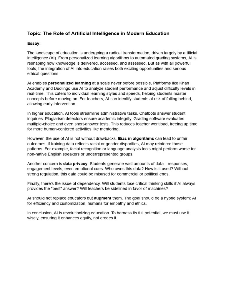 Topic - The Role of Artificial Intelligence in Modern Education | PDF