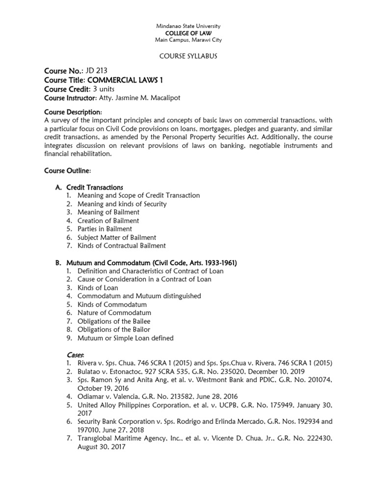 Commercial Laws 1 Syllabus | PDF | Guarantee | Surety
